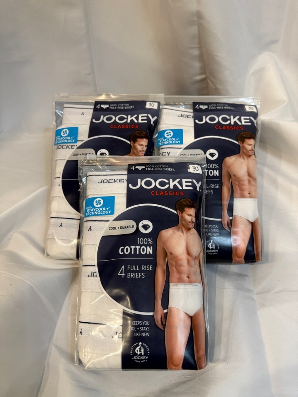 Jockey Briefs White Men's Size 30 Full-Rise Cotton 4 Briefs Per PKG. Three PKGs